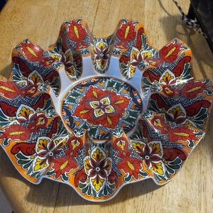Colorful Floral Mexican 10 taco Serving Platter And Salsa Holder.